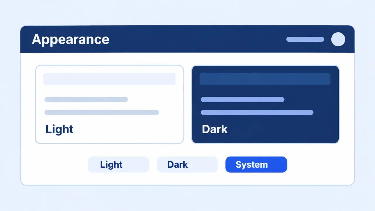 Light and dark interface previews beside a theme selector.