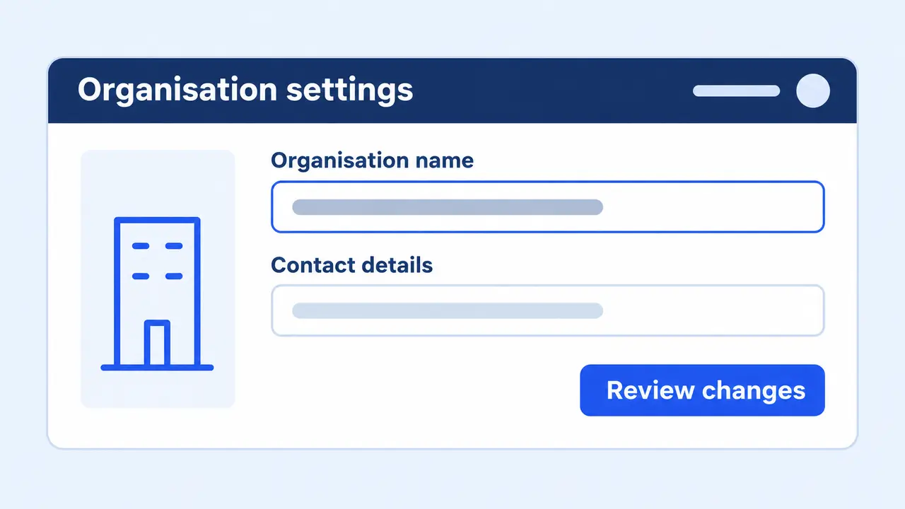 Editable organisation name and contact fields.