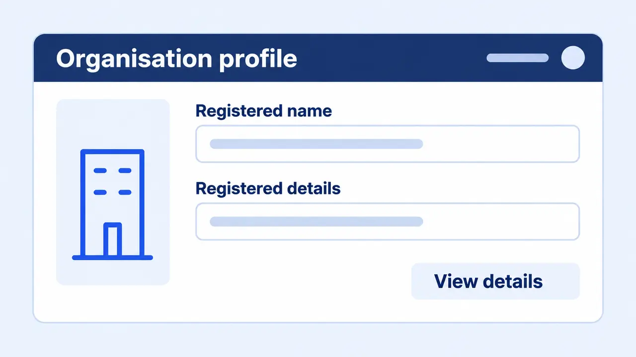 Read-only registered organisation details beside a company icon.