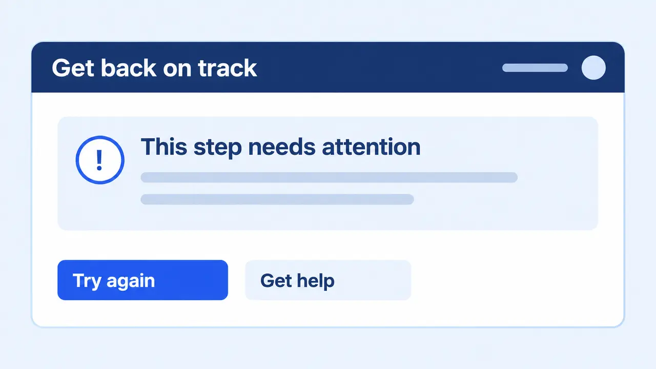 A paused step with Try again and Get help controls.